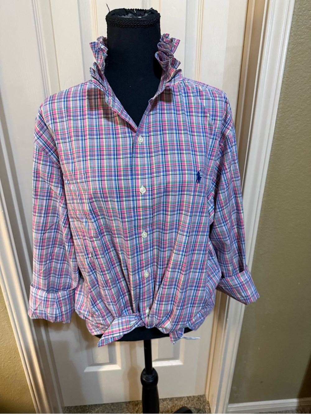 Upcycled Ralph Lauren Pink Blue Plaid Button-Down Shirt